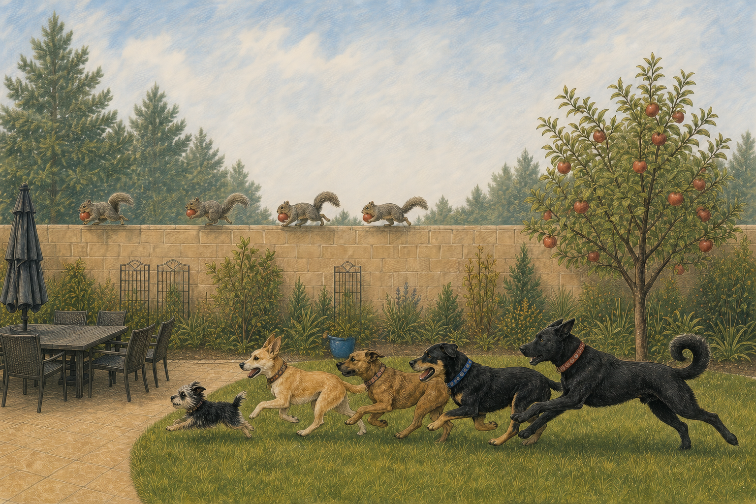 Apple-stealing squirrels race along a backyard wall while five dogs follow the real-time event stream